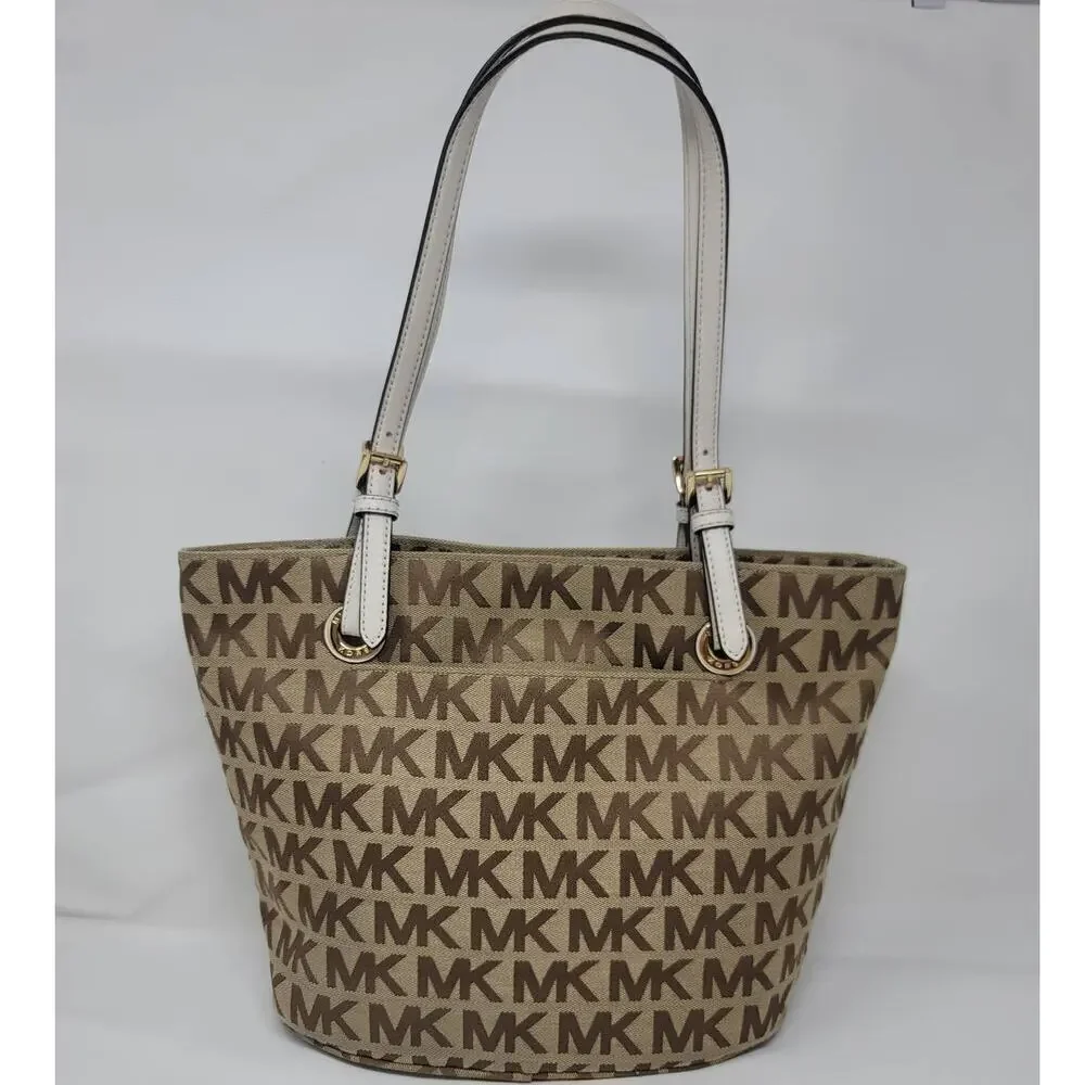 Michael Kors Signature Jet Set Canvas Tote Bucket Bag Shoulder Designer Luxury - Picture 2 of 10